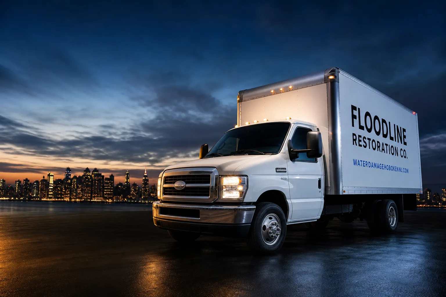 Floodline Restoration Co. damage restoration service vehicle and crew in Hoboken, NJ